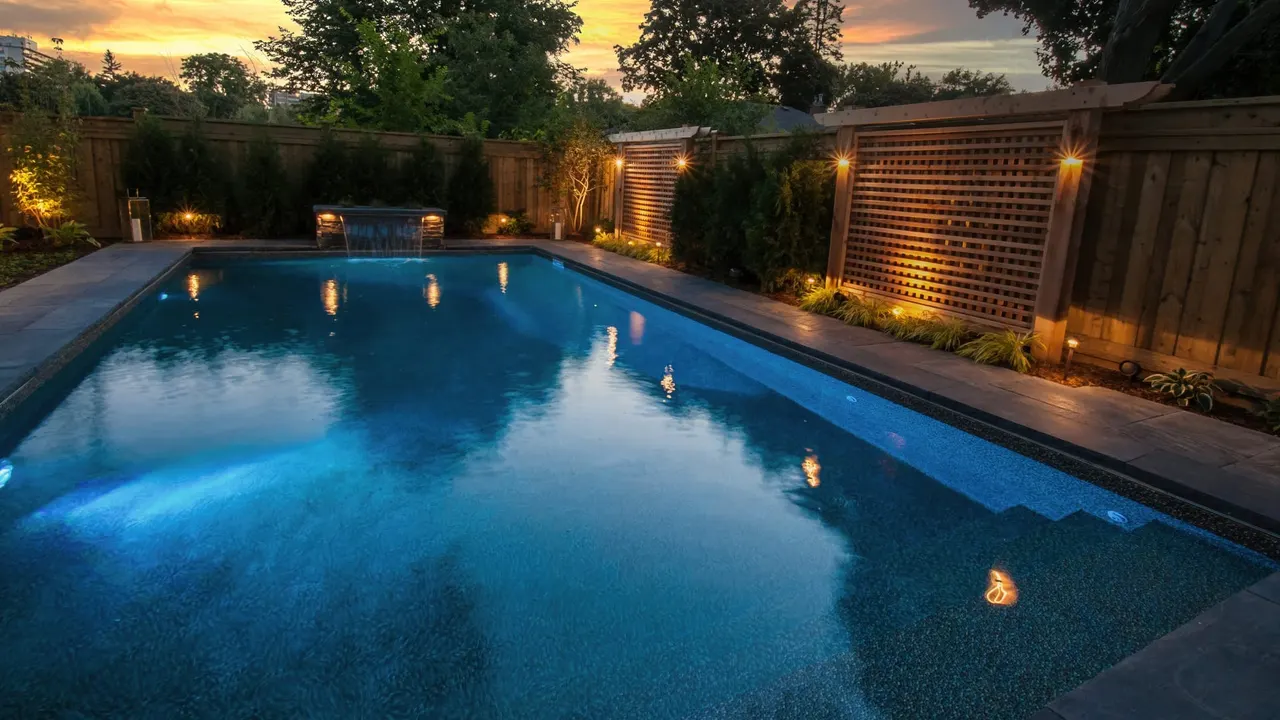 Resort-style swimming pool with cabana